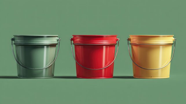 Three vibrant, metallic buckets stand side-by-side on a plain backdrop. Each has a matching, metallic handle. The colors are green, red, and yellow