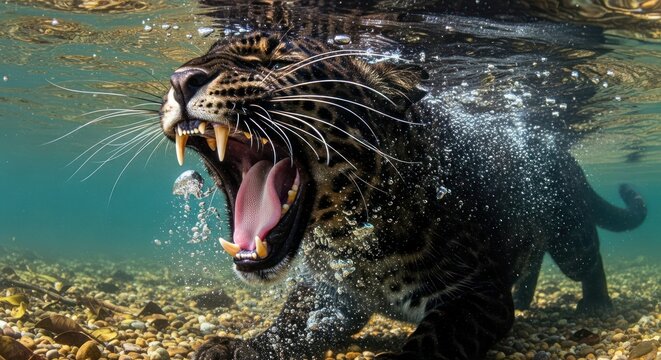 A powerful jaguar emerges from the water, roaring ferociously displaying its sharp teeth in a