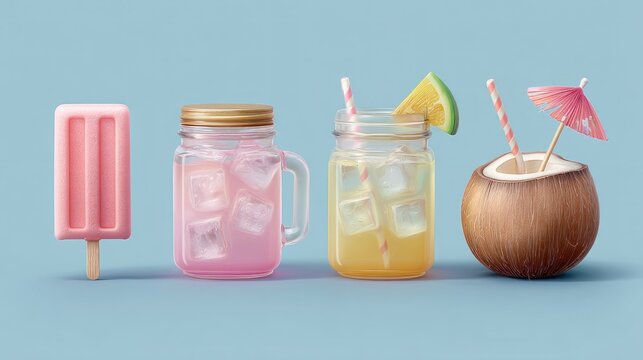 Summer drinks and ice cream. Three refreshing drinks, a pink lemonade, a yellow lemonade, and a coconut drink. A pink popsicle sits beside them. All on a pale blue background
