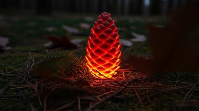 Glowing pine cone decoration on forest floor with fallen leaves during autumn at dusk