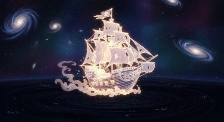Celestial voyages a shimmering ship sails across cosmic oceans beneath swirling galaxies