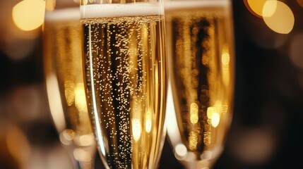 Closeup of sparkling champagne flutes with golden bubbles and festive bokeh lights