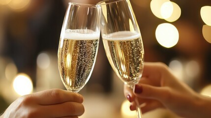 Two hands clinking champagne glasses in a festive celebration