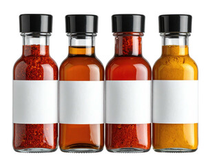Four glass bottles with black lids, filled with various colorful spices and blank labels