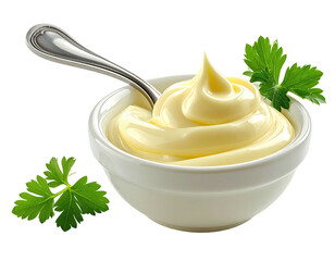 Creamy white sauce in bowl with spoon and parsley, against black background
