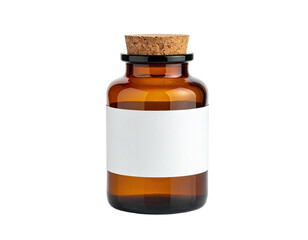 Amber glass apothecary bottle with cork stopper and blank label on a black background