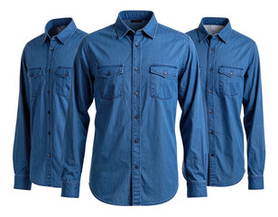 Three denim shirts, long-sleeved with button closure and chest pockets