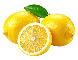 Vivid still life of three lemons, one sliced, with a green leaf against black