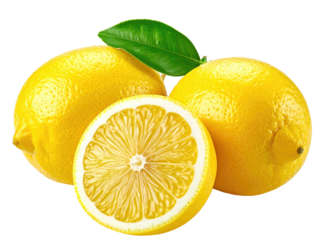 Vivid still life of three lemons, one sliced, with a green leaf against black