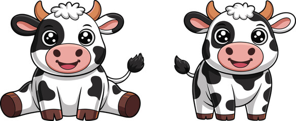 Fototapeta premium Cartoon cow vector set with smiling faces, big eyes, and black-white spots — playful farm animal design for kids, education, and character art.