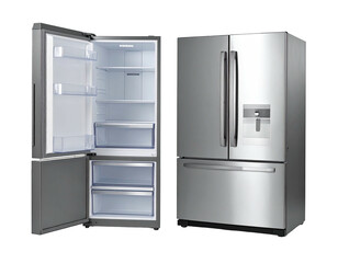 Stainless steel refrigerator with one open door revealing shelves and drawers
