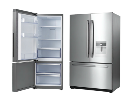 Stainless steel refrigerator with one open door revealing shelves and drawers