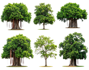 Assortment of six large, green trees of varying shapes and sizes, isolated
