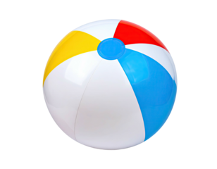 Brightly colored inflatable sphere with segments, white and primary hues, isolated