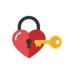 A red heart-shaped lock with a key inserted representing love and security.