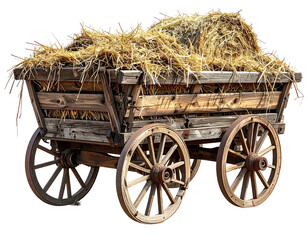 Weathered wooden cart overflowing with golden hay, four spoked wheels