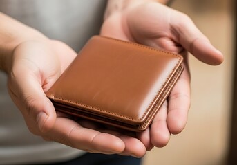 Leather wallet held in hands demonstrating financial responsibility