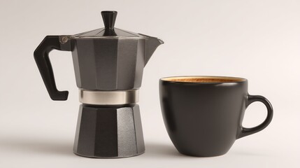 A dark grey stovetop espresso maker sits beside a full black mug of espresso, exhibiting a crema atop its dark surface against a bright white background.  The metallic band on the maker gleams subtly