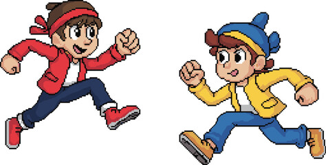 Pixel art running characters vector set featuring energetic boy sprites, retro game style animation poses perfect for gaming assets, kids illustrations, and dynamic artwork.