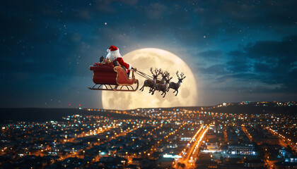 santa claus in the city Realistic Santa Claus flying with his sleigh over a city lit up at night, reindeer in motion, full moon, cinematic and magical atmosphere.