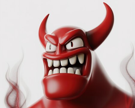 3D red devil character with fiery background and menacing expression.