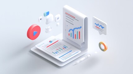 Isometric 3D illustration depicting data analysis;  documents, charts, graphs, and social media icons float around a digital tablet on a light gray background