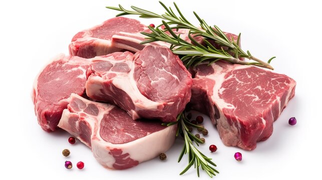 Fresh Raw Lamb Chops with Herbs and Peppercorns on White Background - Powered by Adobe