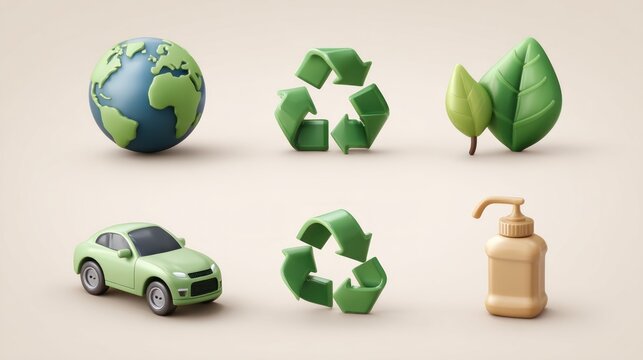 A 3D rendered composition features a globe, recycle symbol, leaves, a green car, another recycle symbol, and a pump bottle - Powered by Adobe