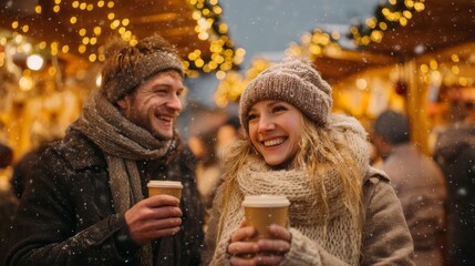 A young Caucasian woman with blonde hair and a young man with brown hair enjoy warm drinks at a festive market during snowfall. Holiday lights illuminate the scene.