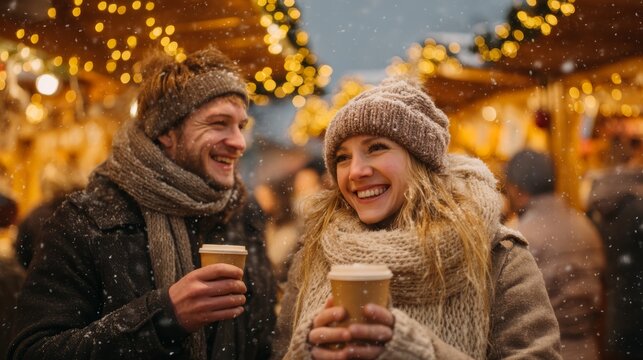 A young Caucasian woman with blonde hair and a young man with brown hair enjoy warm drinks at a festive market during snowfall. Holiday lights illuminate the scene.