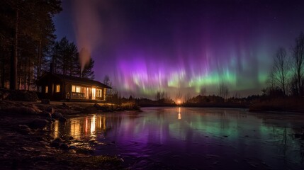 Fototapeta premium A serene landscape featuring a cabin by a lake under the northern lights. The sky displays vibrant colors of green and purple, reflecting on the water's surface.