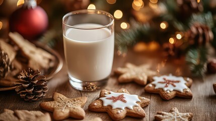 Milk and gingerbread cookies on a festive wooden table with christmas decorations