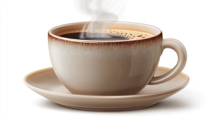 Fototapeta premium A steaming cup of dark, rich coffee sits on a matching saucer. The ceramic mug has a beige and brown gradient, with steam rising
