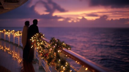 A couple stands on a cruise ship balcony, overlooking the ocean at sunset. The railing is decorated with Christmas lights and garlands. copy space