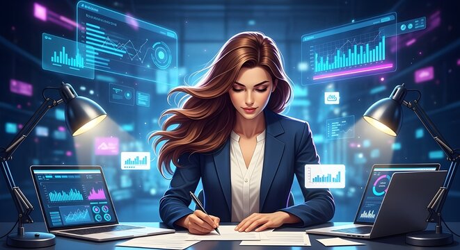 Confident Businesswoman Signing Documents - Futuristic Digital Office and Data Analysis