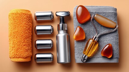 A collection of skincare tools, including a facial roller, jade stones, a spray bottle, and towels, are neatly arranged on a flat surface with soft, warm lighti