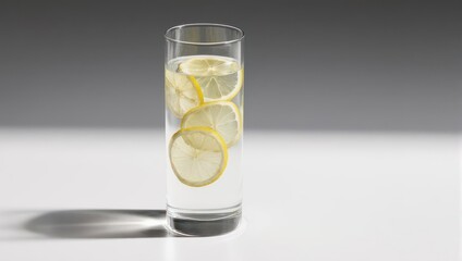 Clear glass tumbler filled with water and lemon slices