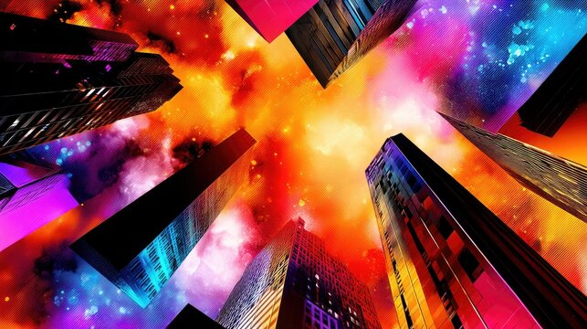 Low angle view of modern skyscrapers reaching towards a colorful, abstract sky filled with nebulae and stars, creating a surreal urban landscape with dramatic,