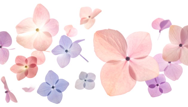Ethereal arrangement of delicate pastel flower petals, gently scattered and floating, creating a serene and airy floral backdrop ideal for various design projects