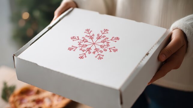 A person holds a white pizza box with a red snowflake design. The background features a festive setting with holiday decorations. christmas delivery - Powered by Adobe