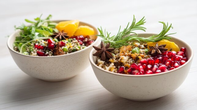 Two bowls of colorful salad with pomegranate seeds, herbs, and citrus slices. Fresh ingredients arranged attractively on a light wooden surface. - Powered by Adobe