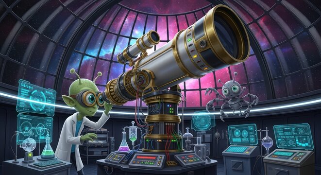 Galactic observatory research with alien scientist and technological inventions - Powered by Adobe