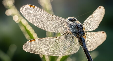 Dragonfly wings glistening with morning dew, a close-up on nature's intricate beauty