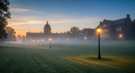 Ethereal morning campus scene with illuminated lanterns and shrouded architecture