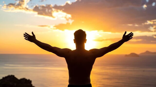 A man stands with open arms as the sun rises over the sea, feeling the freedom