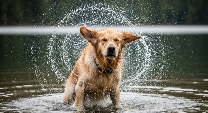 Golden retriever shaking water off its fur creating a circular splash pattern at the lake