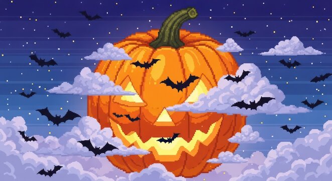 Pixelated halloween night with bats flying around a giant glowing jack-o'-lantern