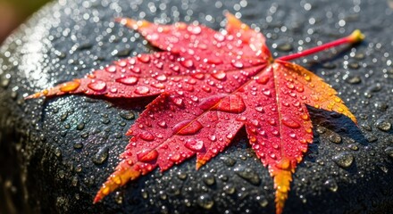 Vibrant maple leaf glistens with water droplets, creating a captivating autumn scene showcasing