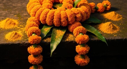 Festive marigold garland with turmeric powder, symbolizing prosperity and new beginnings