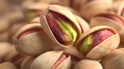 Close-up of pistachios with shells open, revealing the colorful nut inside, a delicious snack option and healthy addition to any diet.